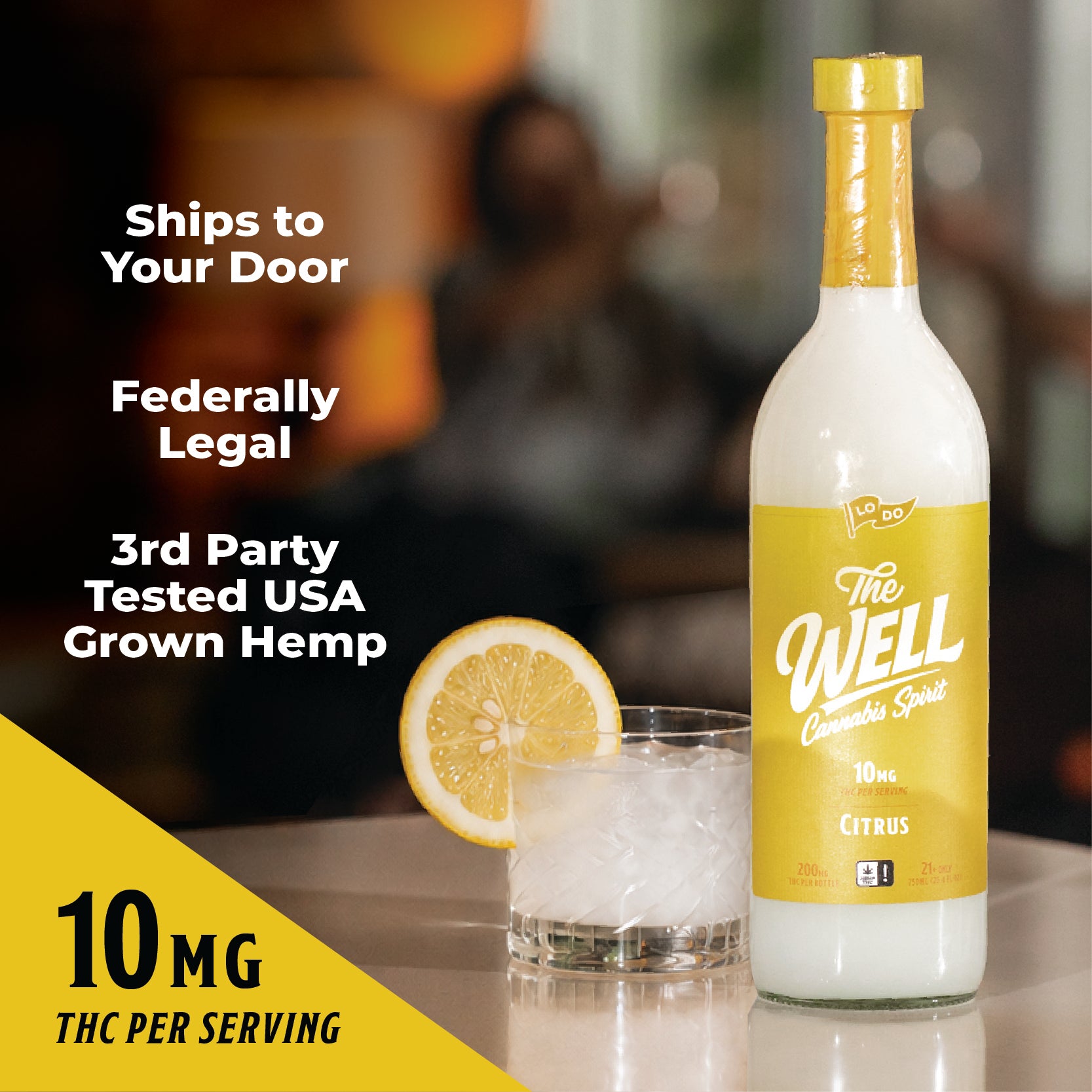 LoDo THC Spirits serving suggestion, hemp-derived Delta-9 THC beverage over ice