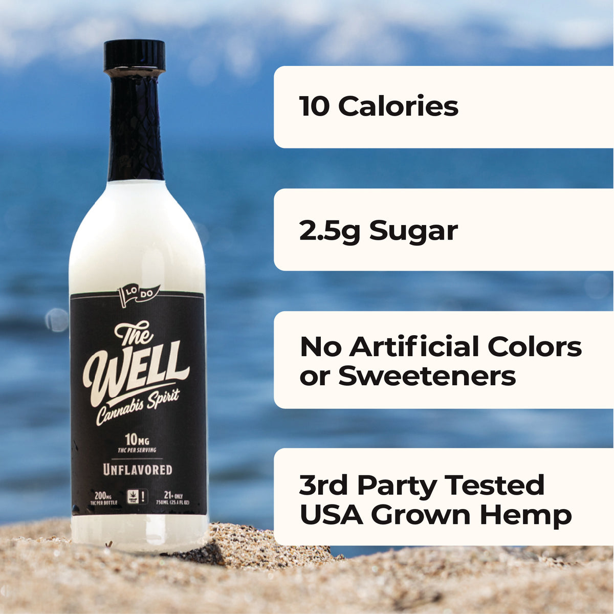 LoDo THC Spirits bottle detail shot, 750ml hemp-derived Delta-9 THC beverage