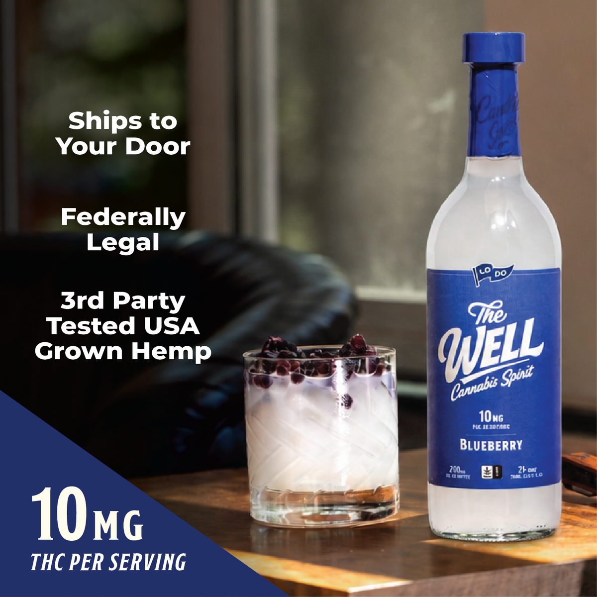 LoDo THC Spirits 750ml bottle lineup, hemp-derived Delta-9 THC beverage, 10mg per serving