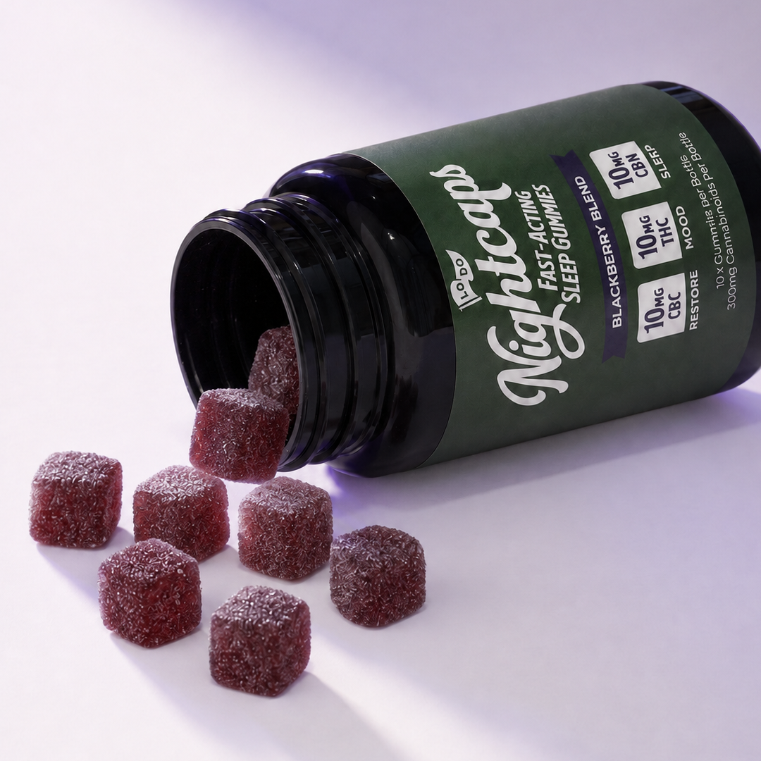 LoDo Fast-Acting Sleep Gummies spilled out of bottle, hemp-derived THC gummies