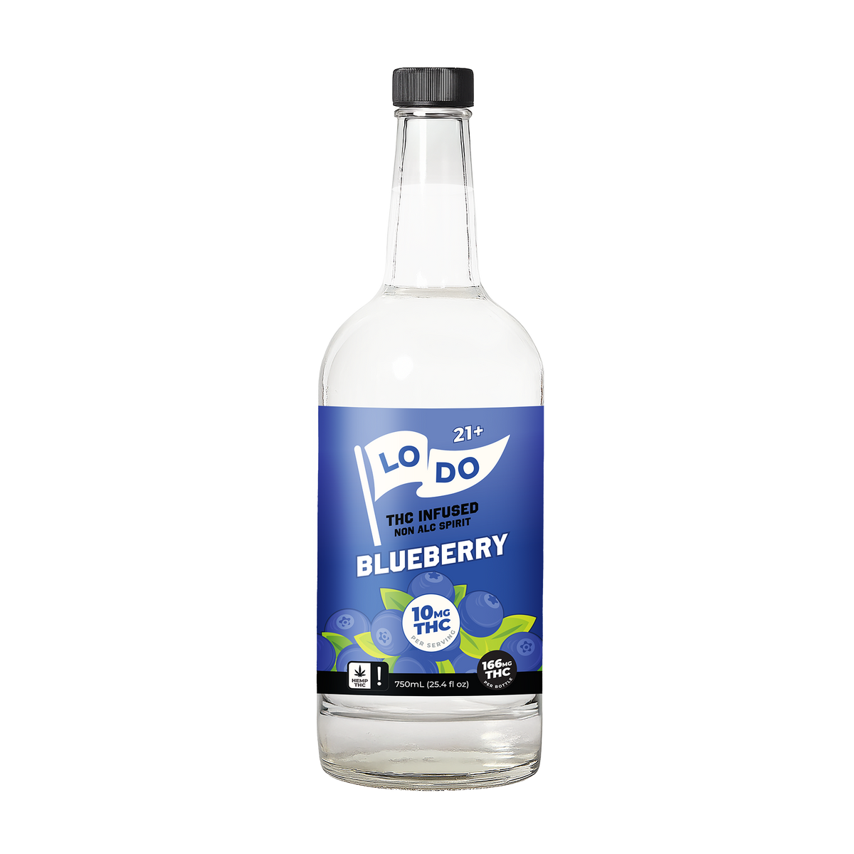 LoDo 750ml THC Spirit bottle rendering, Blueberry flavor, hemp-derived Delta-9 THC
