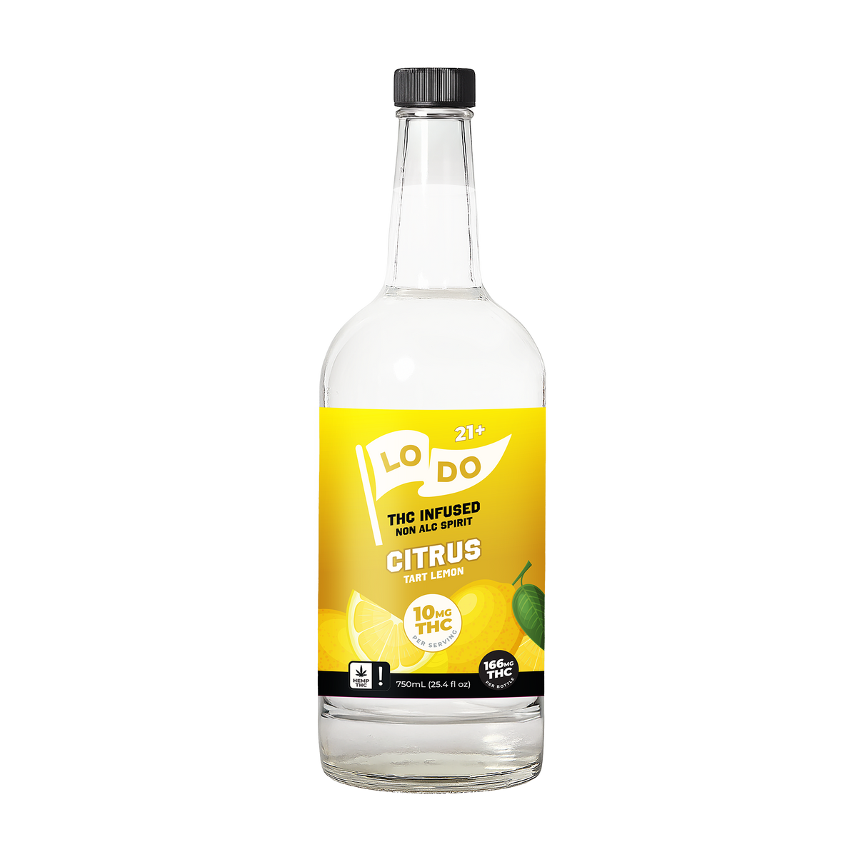 LoDo 750ml THC Spirit bottle rendering, Citrus flavor, hemp-derived Delta-9 THC