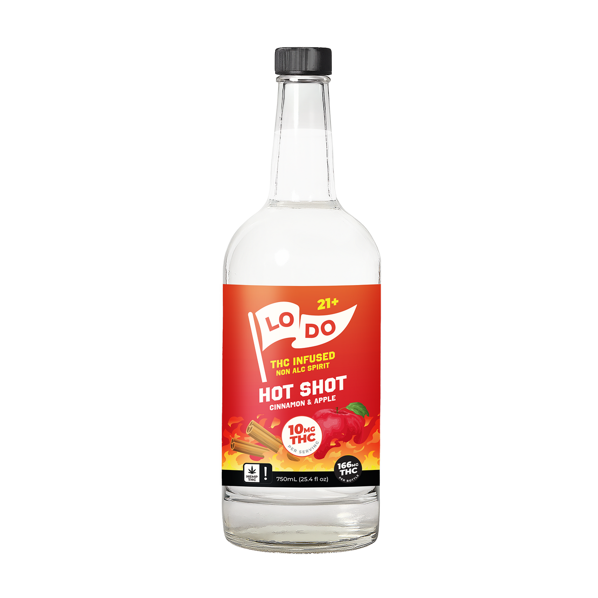 LoDo 750ml THC Spirit bottle rendering, Apple Cinnamon (Hot Shot) flavor, hemp-derived Delta-9 THC
